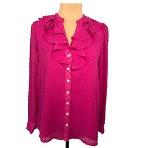 J. Crew Hot Pink Swiss Dot Career Wear Blouse Size XS Ruffle Neck Demure